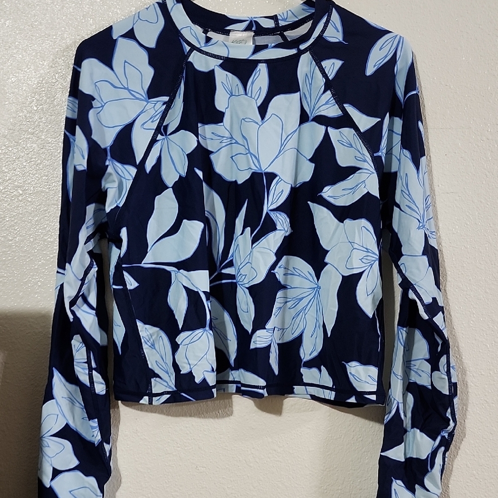 Kona Sol Navy and Light Blue Floral Long Sleeve Swim Top